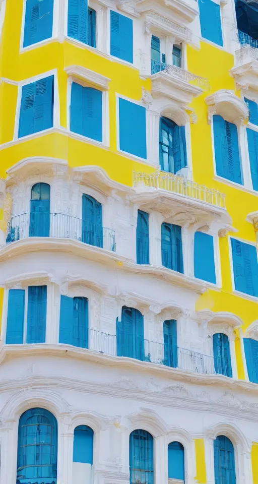 Image similar to pastel yellow italian architecture in front of a light blue clear sky, beautiful, minimalistic, aesthetic, cartoonish, two colours