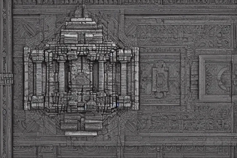 Image similar to depthmap of geometric ancient temple, elegant, highly detailed, smooth, sharp focus, Zbuffer, beautiful, geometric, trending on artstation,