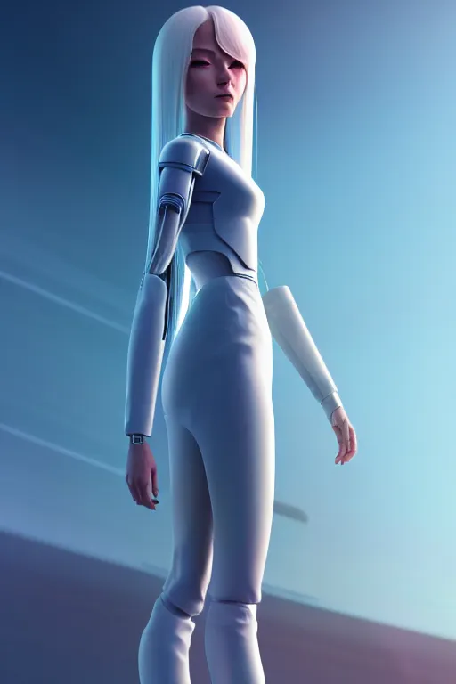 Prompt: upright and straight android women, scifi, futuristic design, full body model, long white hair, character design, cinematic lighting, highly detailed, by beeple, goro fujita, smooth gradient.