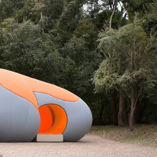 Image similar to a sleeping pod in the shape of an elephant with grey and orange accents designed by antony gormley, advertising photography