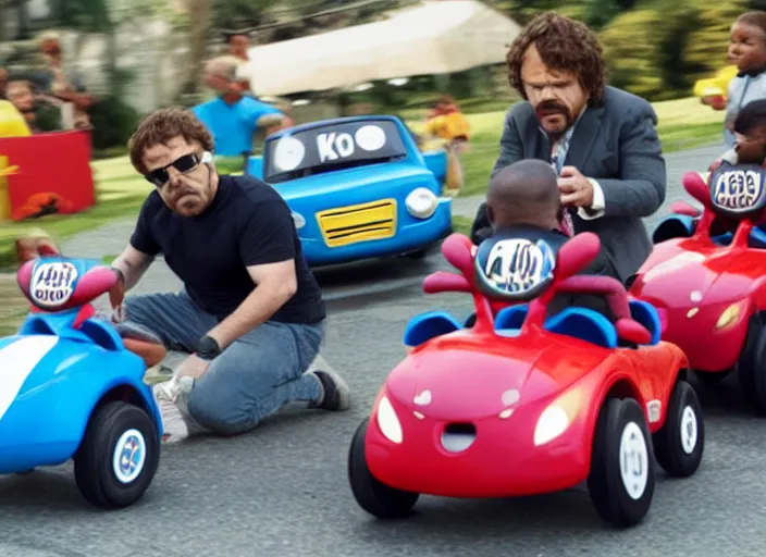 Image similar to peter dinklage racing gary coleman driving a little tikes cars, movie still, from the new fast and furious movie, 8 k, realistic