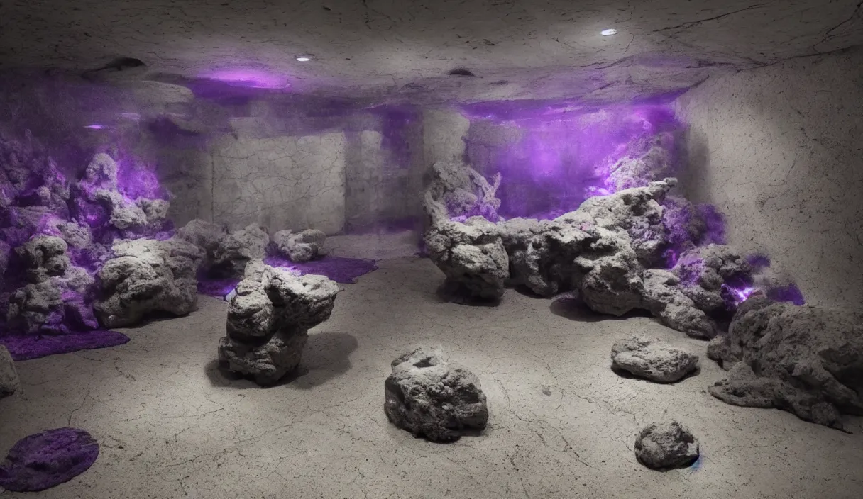 Image similar to artwork by pierre huyghe with wax, porcelain, cables and monitors, aquarium and a huge eroded stone, purple smoke, ultra realistic, depth, beautiful lighting, glitch, sigma, 8 k, 3 5 mm, f / 3 2