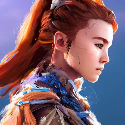 Image similar to aloy from horizon zero dawn in the style of artgerm, wlop, digital art, close-up, insanly detailed