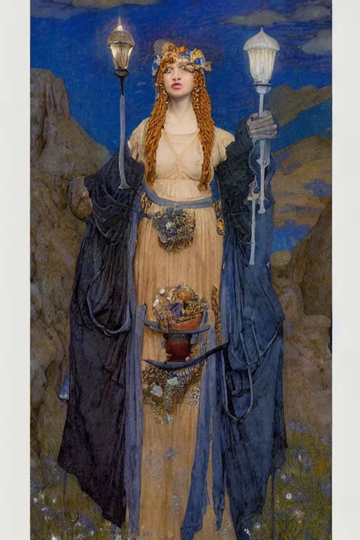 Image similar to portrait of the last witch of the dawn mountains with her lantern and regalia, by Annie Swynnerton and Nicholas Roerich and John Bauer and John William Godward and Donato Giancola and Vermeer, embroidered velvet, iridescent beetles, rich color, ornate headdress, flowing robes, lost runes, ancient civilizations, dramatic cinematic lighting, featured on Artstation, extremely detailed