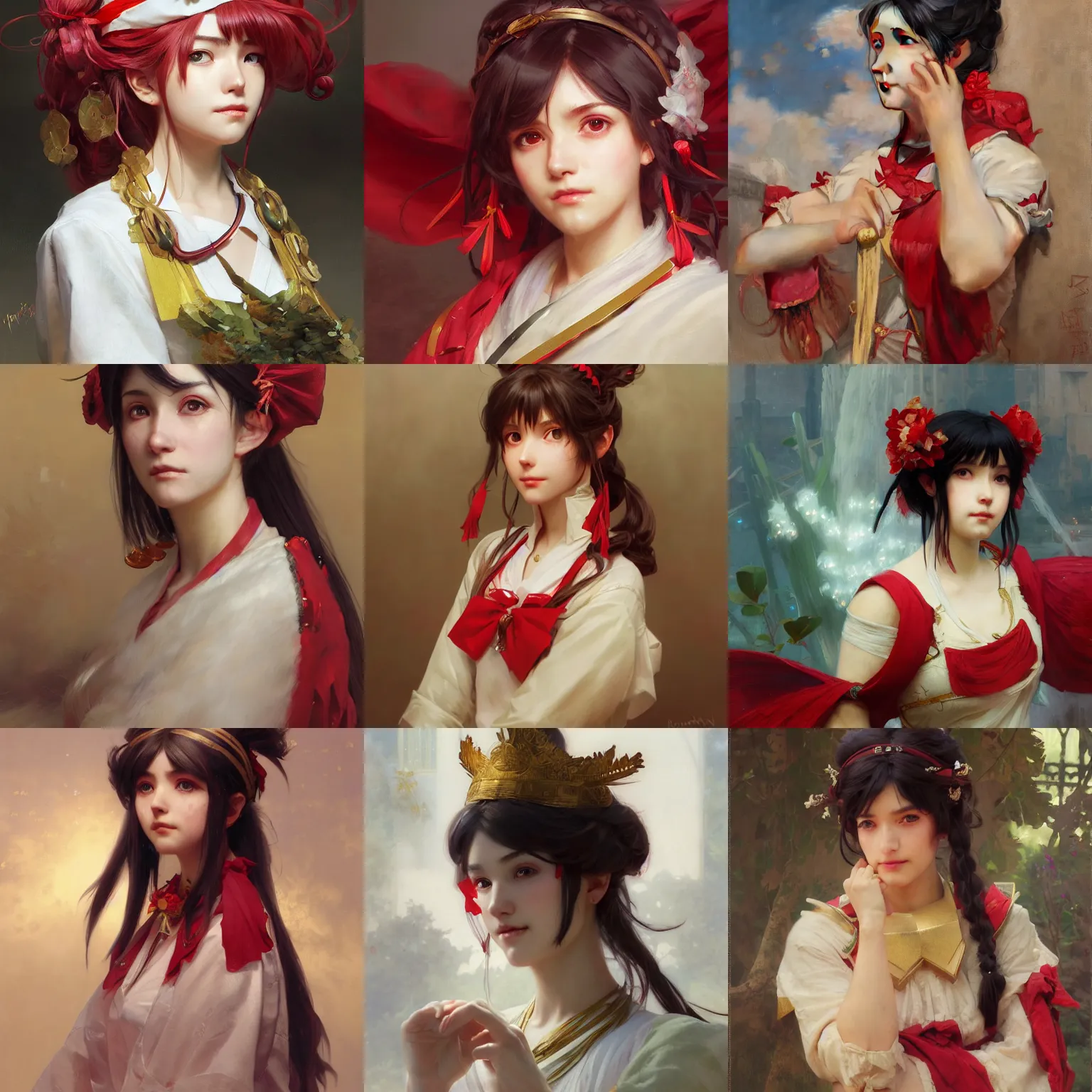 Prompt: a portrait painting of reimu hakurei, by greg rutkowski, wlop, ruan jia, krenz cushart, artgerm, lawrence alma - tadema, alphonse mucha, marble, gold, unreal engine 5