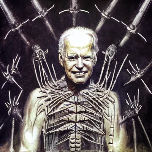 Image similar to painting of Joe Biden as a cenobite, Hellraiser concept art by H.R. Giger, Joel-Peter Witkin, Stephen Gammell, and Beszinski