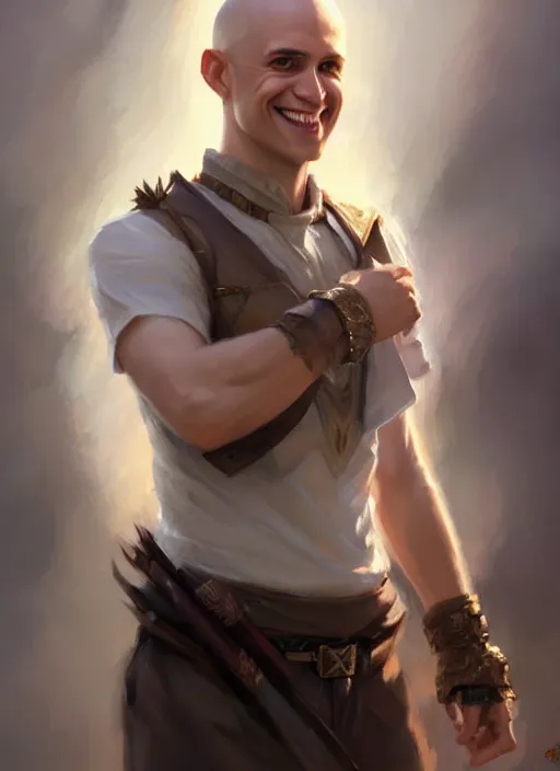 Prompt: a _ fantasy _ style _ portrait _ painting _ of white male short fringe light brown hair short face grinning clean shaven short head, rpg dnd oil _ painting _ unreal _ 5 _ daz. _ rpg _ portrait _ extremely _ detailed _ artgerm _ greg _ rutkowski _ greg