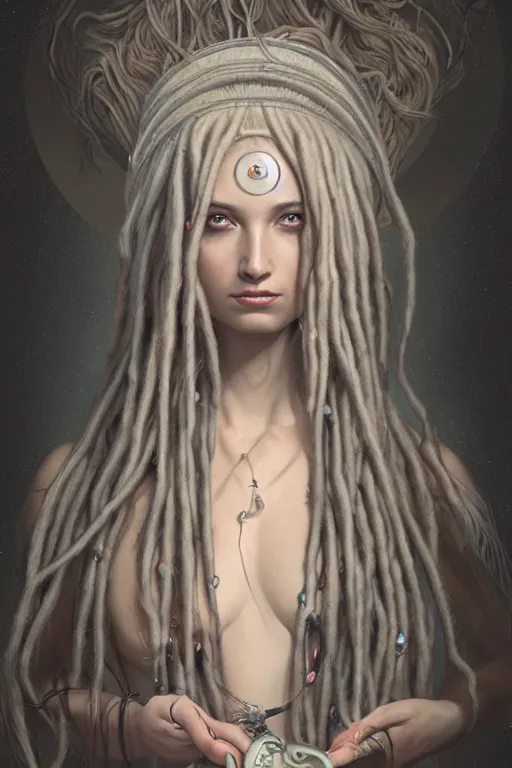 Prompt: portrait of a goddess woman with long wild dreads, straight on portrait, by artgerm, james jean, tom bagshaw, gerald brom, 4 k, smooth, hd, substance designer render, full body character concept art,