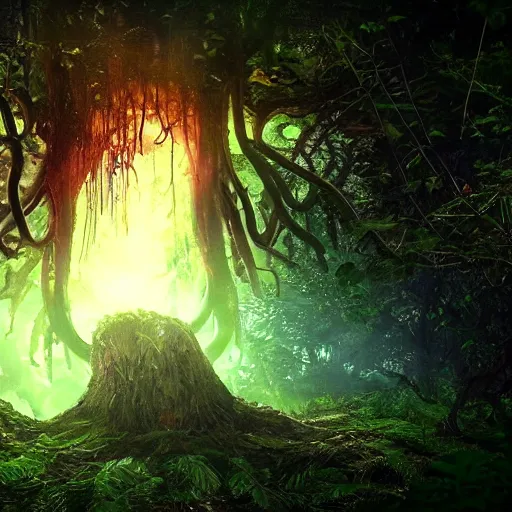 Prompt: horrific, shining portal to the stars, embedded in a terrifying tree in a densely overgrown jungle, fantasy, dreamlike sunraise, ultra realistic, atmospheric, stopped in time, epic