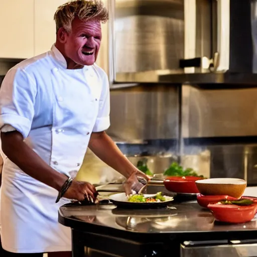 Prompt: trinidad female teenager getting shouted at by gordon ramsay for cooking subpar food, photography