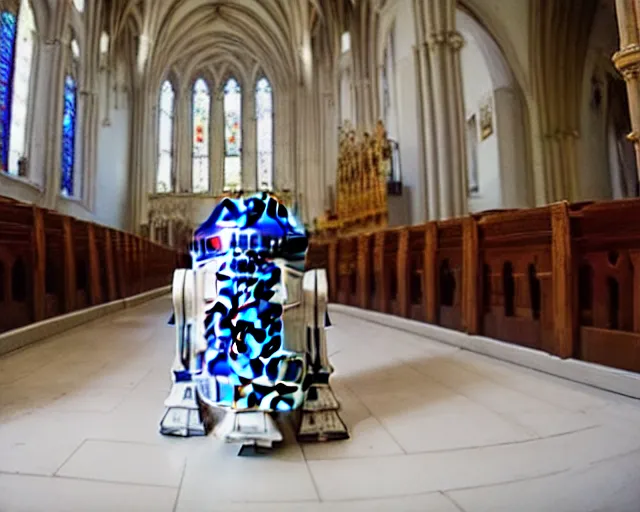 Prompt: R2D2. Getting baptised, in a large cathedral, in front of family and friends. Wide-Angle Lens. Maximum detail.