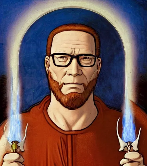 Image similar to hank hill as the god of propane, white tshirt, blue jeans, surrounded by blue fire and blue flames, renaissance religious painting, late gothic religious paintings, byzantine religious art, painting by duccio di buoninsegna and carlo crivelli, trending on artstation