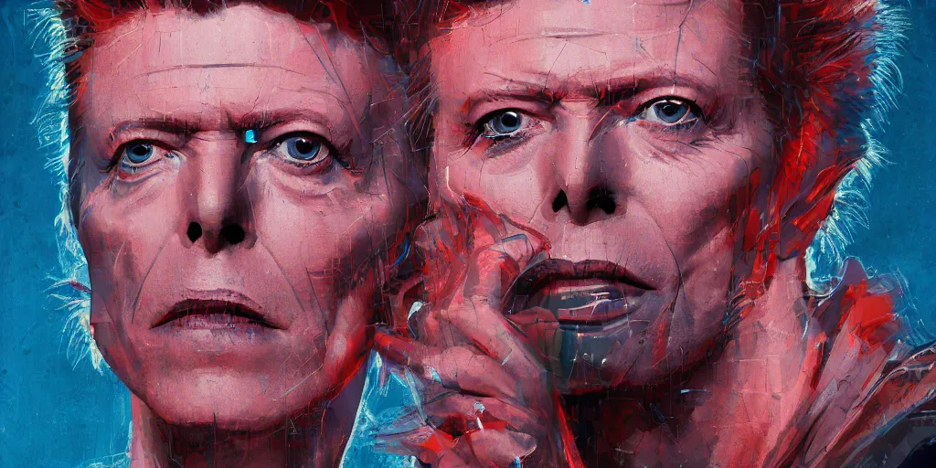 Image similar to David Bowie BBC live portrait, kim jung gi style, Greg Rutkowski, Zabrocki, Karlkka, Jayison Devadas, trending on Artstation, 8K, ultra wide angle, zenith view, pincushion lens effect