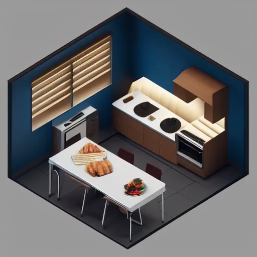 Image similar to isometric chubby kitchen, c 4 d style, 1 0 0 mm, dof, octane render, studio lighting