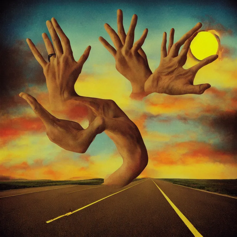 Prompt: surrealist artwork of the atmospheric indie album titled :'reaching for the sunrise on the infinite road ahead '.