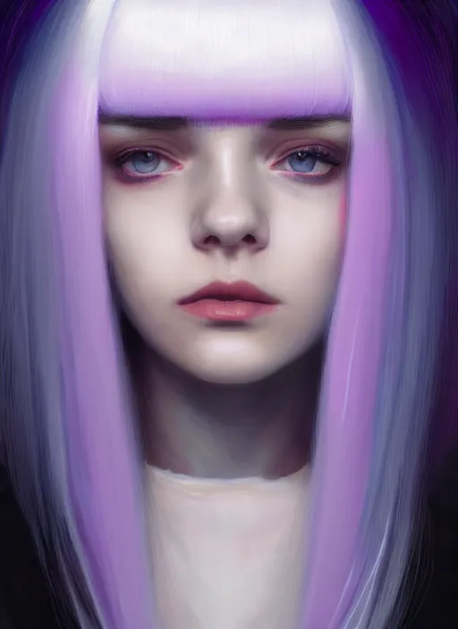 Image similar to hair whitebangs hair, black hair, whitebangs, portrait of teenage girl with white bangs, red irises, purple clothes, white bangs, bangs are different color from hair, intricate, elegant, glowing lights, highly detailed, digital painting, artstation, concept art, smooth, sharp focus, illustration, art by wlop, mars ravelo and greg rutkowski