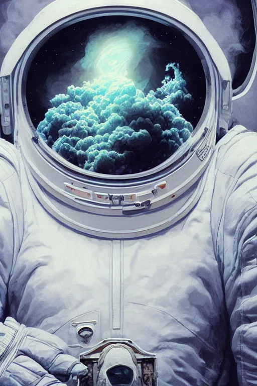 Image similar to close up shot of a full body floating astronaut portrait smoke elemental fading into white smoke, high contrast, james gurney, peter mohrbacher, mike mignola, black paper, mandelbulb fractal, trending on artstation, exquisite detail perfect, large brush strokes, bold pinks and blues tones, intricate ink illustration, black background