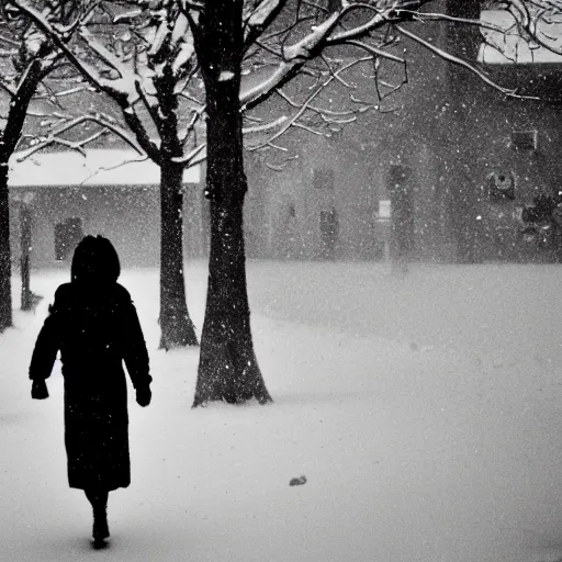 Image similar to girl walking through a blizzard, 8 0 mm film