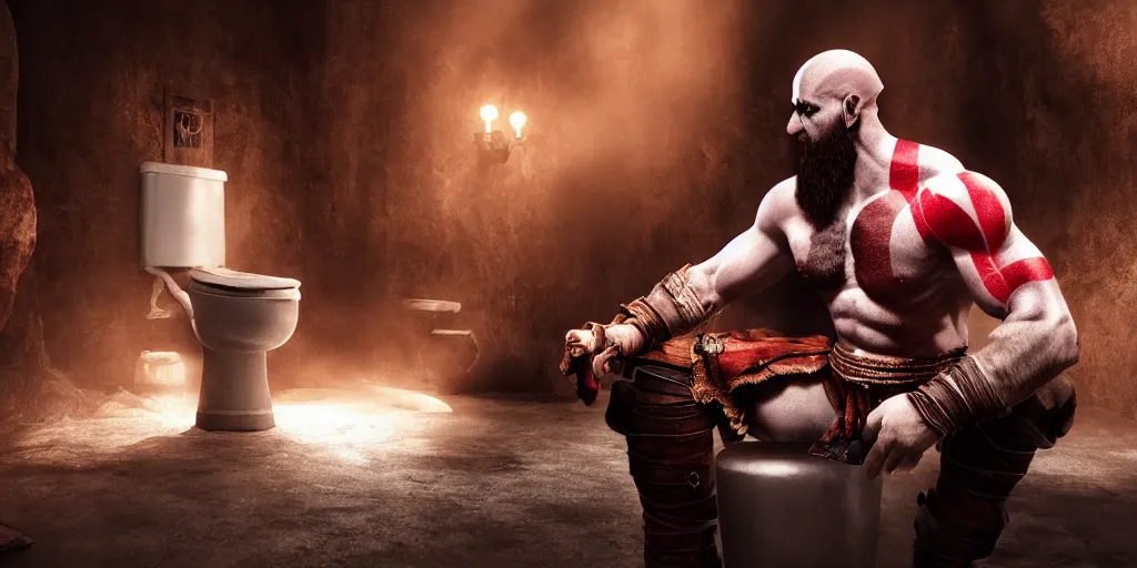 Image similar to kratos the god of war sitting on a modern toilet, cinematic composition and lighting