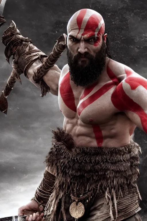 Image similar to film still from god of war, a highly detailed beautiful closeup photo of jason momoa kratos with long windblown wet hair holding a sword and fighting zombies on a pile of human skulls, spartan warrior, olympian god, muscular!,, action pose, ambient lighting, volumetric lighting, octane, fantasy