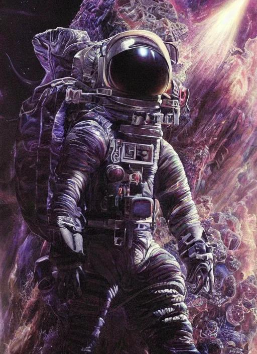 Image similar to astronaut in dark void underwater - complex and hyperdetailed technical suit design. reflection and dispersion materials. rays and dispersion of light. volumetric light. f / 3 2. noise film photo. flash photography. ultra realistic, 5 0 mm. poster by wayne barlowe, hajime sorayama aaron horkey, craig mullins