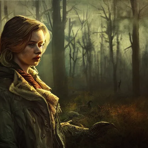 Image similar to fallout 5, charismatic beautiful rugged female scavenger, portrait, outdoors forest campsite, atmospheric lighting, painted, intricate, volumetric lighting, beautiful, daytime, springtime, slight overcast, sharp focus, deep colours, ultra detailed, by leesha hannigan, ross tran, thierry doizon, kai carpenter, ignacio fernandez rios