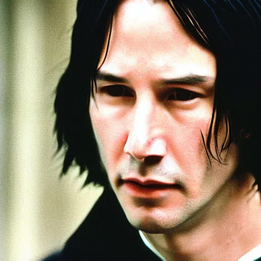 Image similar to Film Still of a Young Keanu Reeves playing a Young Severus Snape in Harry Potter, Film Still, realistic, hyperrealistic, very realistic, very very realistic, highly detailed, very detailed, extremely detailed, detailed, detailed face, very detailed face, very detailed face, realism, HD Quality, 8k resolution, intricate details, body and head in frame, Real Life