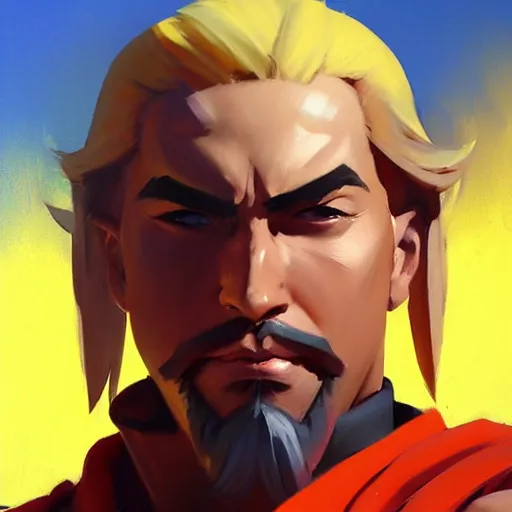 Image similar to Greg Manchess portrait painting of Ken Masters as Overwatch character, medium shot, asymmetrical, profile picture, Organic Painting, sunny day, Matte Painting, bold shapes, hard edges, street art, trending on artstation, by Huang Guangjian and Gil Elvgren and Sachin Teng