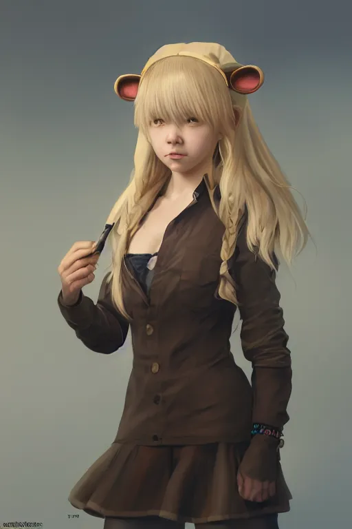 Image similar to complicated dynamic composition,realistic style at CGSociety by WLOP,ilya kuvshinov,krenz cushart ,Greg Rutkowski, trending on artstation. Zbrush sculpt colored, Octane render in Maya and Houdini VFX,realistic close-up face of cute young blonde girl, wearing a polar bear costume, deep eyes, Amazing textured brush strokes, studio lighting.