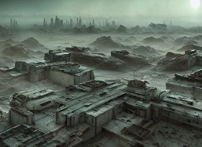 Prompt: an epic 3 d mattepainting and photobash of district 9 ( 2 0 0 9 ) with style of futuristic and hyper - realist and post apocalypse including nuclear war and daylight and interstellar with scifi blockbuster cg vfx concept art riot cinematic bio hazard soviet by zdislaw beksinski and fvckrender and visualdon trending on cgsociety unreal engine 5