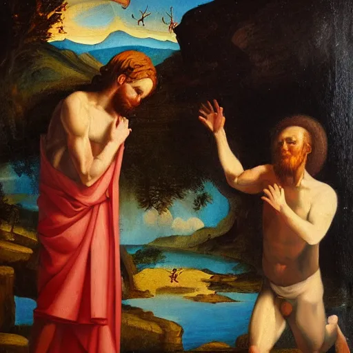 Prompt: the baptism of christ. oil on panel.