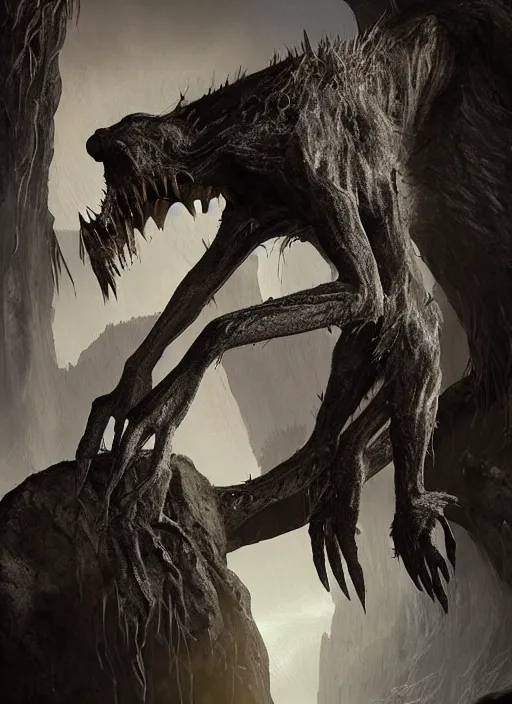 Image similar to tall bipedal creature in the darkness, long claws, large long pointy teeth, drooling, hunched over, dark cavern, no hair, dark skin, no light, highly intricate, detailed, 8 k