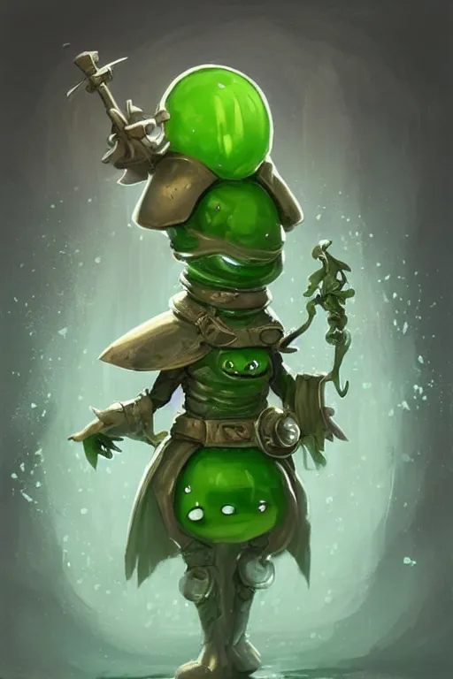 Image similar to cute anthropomorphic green slime jelly knight wearing a cape, tiny, small, miniature slime goo , baby slime jelly, short, pale blue armor, cute and adorable, pretty, beautiful, DnD character art portrait, matte fantasy painting, DeviantArt Artstation, by Jason Felix by Steve Argyle by Tyler Jacobson by Peter Mohrbacher, cinematic lighting