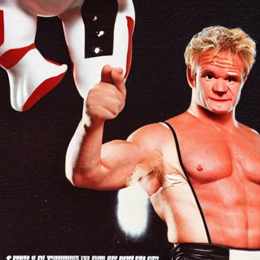 Image similar to gordon ramsey as a 1 9 8 0 s wrestling action figure, magazine photo