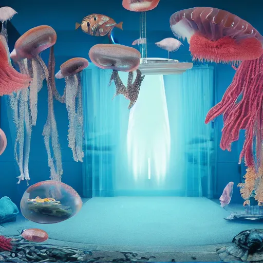 Prompt: photo of the modern fashionable room as aquarium with a chandelier as a big jellyfish, beautiful corals on the walls and dangerous sharks on the big panoramic window, a lot of gleans, under the ocean, realistic colors, realistic shadows, daylight made in blender and cinema 4 d, hd, 3 d by beeple and by greg rutkowski