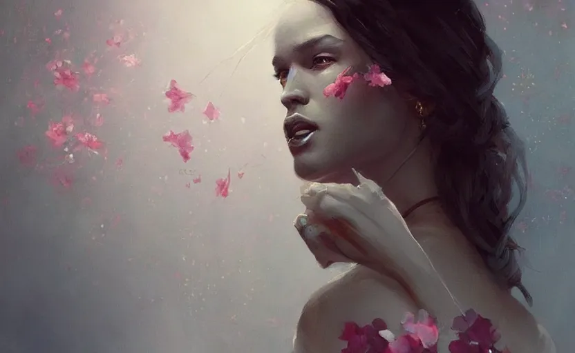 Image similar to a painting of jasmine trending on artstation in the style of greg rutkowski, beautiful, sensual, flower, portrait, adorable, alter