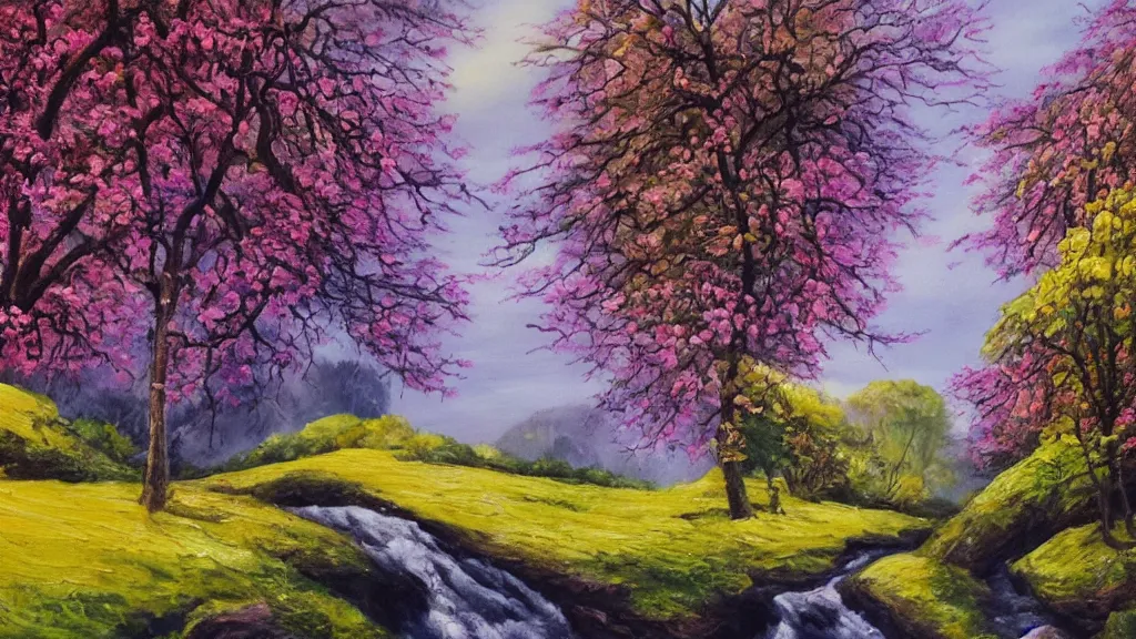 Image similar to A beautiful landscape oil painting of a hill with trees, a person is walking trhough the river and anoter person is sitting under a tree, the spring has arrived and the trees are blooming and covered with yellow, pink, purple and red flowers, the river come from the waterfall and is zigzagging and flowing its way, the river has lots of dark grey rocks, by Greg Rutkowski