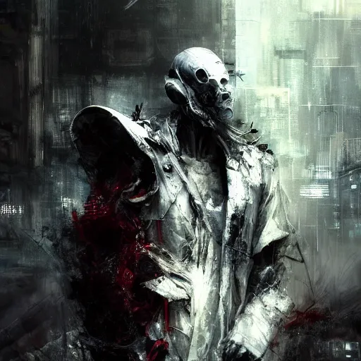 Image similar to a humanoid cyberpunk white dragon wearing a white mage robe by melmoth zdzislaw belsinki craig mullins yoji shinkawa realistic render ominous detailed photo atmospheric by jeremy mann francis bacon and agnes cecile ink drips paint smears digital glitches glitchart, realistic anime, dramatic lighting, red light, red highlights