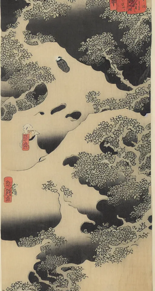 Image similar to hokusai, path of steps leading up to a temple, studio ghibi, japanese style, dreamy, layered, soft, black ink