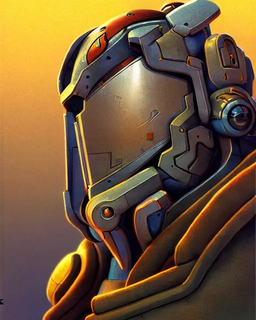 Prompt: reinhardt from overwatch, character portrait, portrait, close up, concept art, intricate details, highly detailed, vintage sci - fi poster, retro future, in the style of chris foss, rodger dean, moebius, michael whelan, and gustave dore