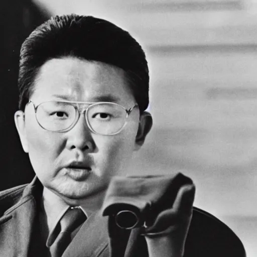 Image similar to Kim Jong-il in the role of James Bond, action filmstill, 1960s spy, Walther PPK, iconic James Bond shot