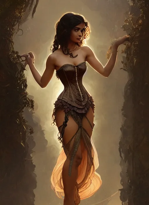 Image similar to cute brown woman wearing a translucent corset dress, fantasy, intricate, highly detailed, digital painting, artstation, concept art, wallpaper, smooth, sharp focus, illustration, art by artgerm and greg rutkowski and alphonse mucha