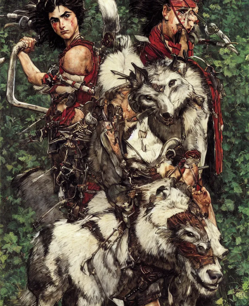 Image similar to portrait of fierce Princess Mononoke, fully clothed in armor, painted by norman rockwell, james gurney, denoised, sharp, architectural