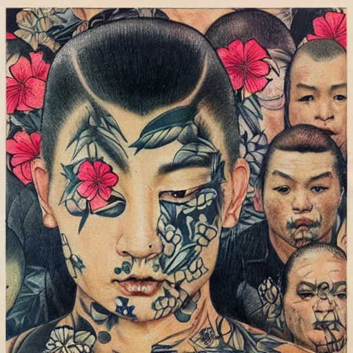 A Frontal portrait of a heavily tattooed Yakuza gang