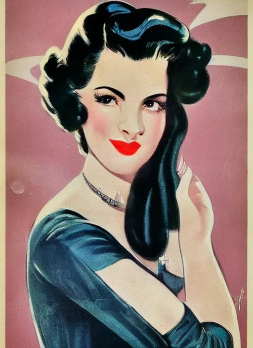 Image similar to portraitbeautiful and glamorous black-haired woman, smooth hair, arab, 1940s propaganda poster, full hd,highly detailed