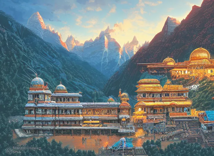 Image similar to A beautiful and detailed illustration of the Badrinath Temple, immaculate scale, trending on Artstation, illustrated by Dan Mumford, illustration