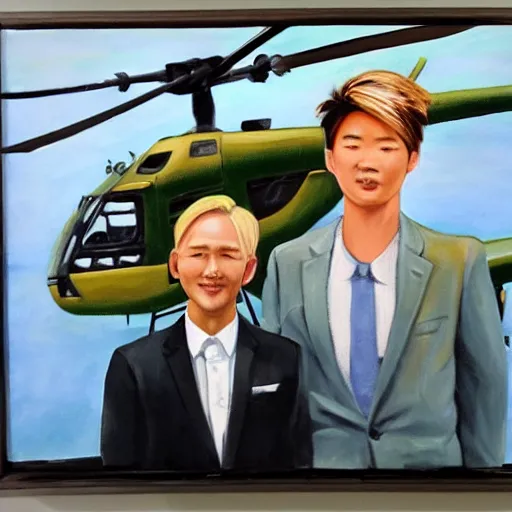 Image similar to painting of blonde swedish guy and tall korean guy in front or robinson helicopter