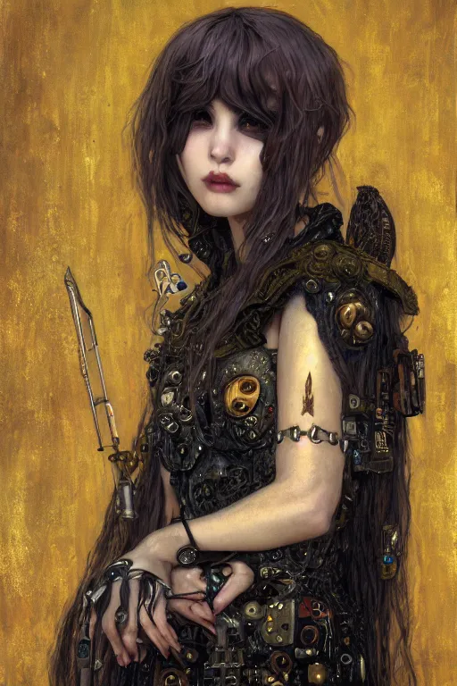 Prompt: portrait of beautiful young gothic maiden, cute face, cyberpunk, Warhammer, highly detailed, artstation, illustration, art by Gustav Klimt
