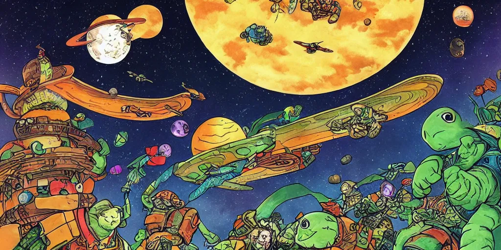 Prompt: 🐢🗺 great a'tuin flying through space carrying discworld by kirby