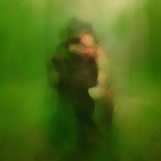 Prompt: thin little girl in a swamp wearing old gas mask. Water to her knees. Bayou. Dark Green forest. Late afternoon. Foggy. Fireflies fly around